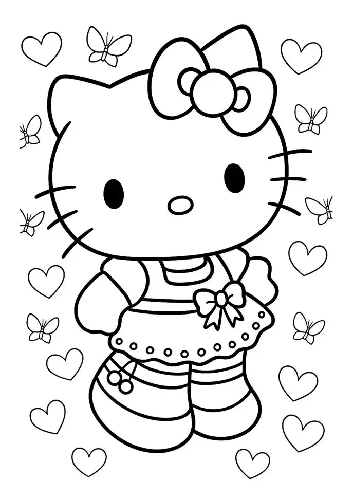 Desenho da Hello Kitty usando um vestido com laço e cercada por corações e borboletas para imprimir