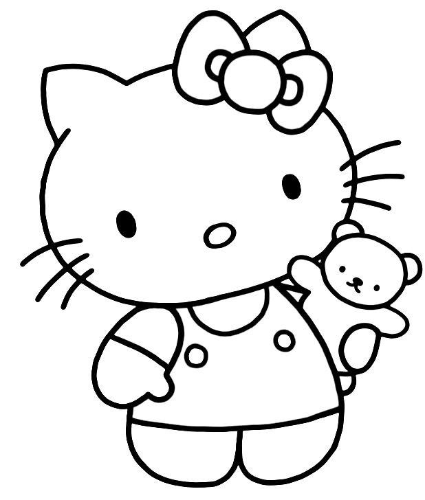 Desenho da Hello Kitty segurando um pequeno ursinho de pelúcia, com laço na cabeça e vestido