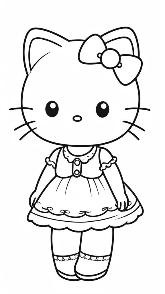 Desenho da Hello Kitty com roupinha de boneca para imprimir e pintar