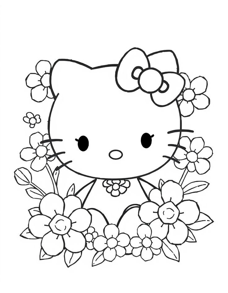 Desenho da Hello Kitty sorrindo, rodeada por várias flores e usando um grande laço na cabeça.