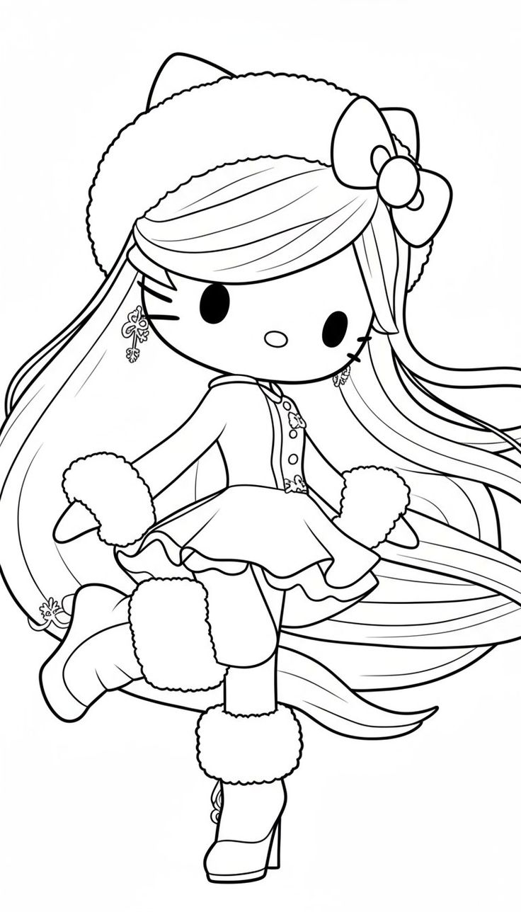 Desenho para colorir da Hello Kitty vestindo um casaco de inverno com pelos, gorro, botas peludas e cabelos longos e esvoaçantes.