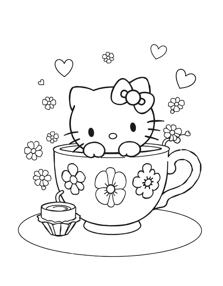 Desenho da Hello Kitty dentro de uma xícara decorada com flores e um docinho ao lado, cercada por corações e margaridas para colorir.