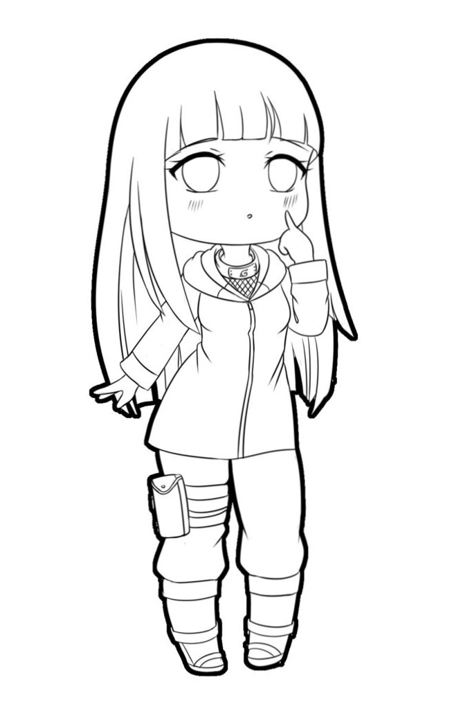 Desenho em estilo chibi da personagem Hinata Hyuga, de Naruto, em traço preto sobre fundo branco, pronta para ser colorida.