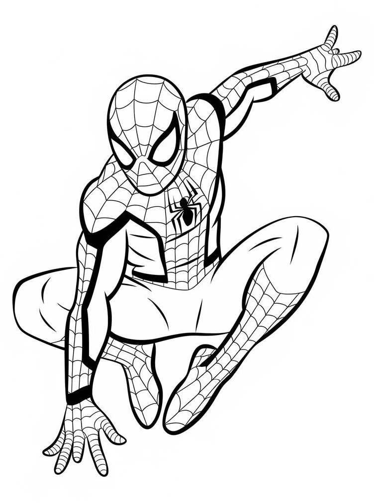 Super herói Homem-Aranha em pose de ação com teias para colorir e imprimir.