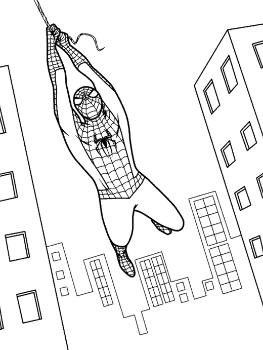 Desenho do Homem-Aranha em cartoon pendurado na teia com arranha-céus ao fundo para imprimir e colorir.