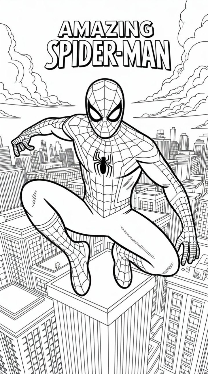 Ilustração em preto e branco do Homem-Aranha agachado no topo de um arranha-céu com a cidade ao fundo.