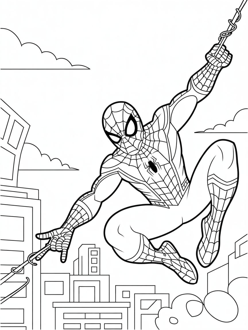 Desenho do Homem-Aranha em pose dinâmica de herói, balançando entre prédios altos da cidade com suas teias.