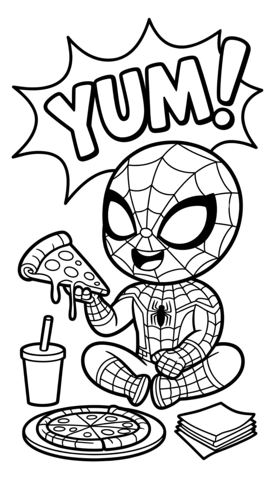 Desenho estilo chibi do Homem-Aranha sentado no chão, segurando uma fatia de pizza e com uma caixa de pizza e um copo de refrigerante ao lado.