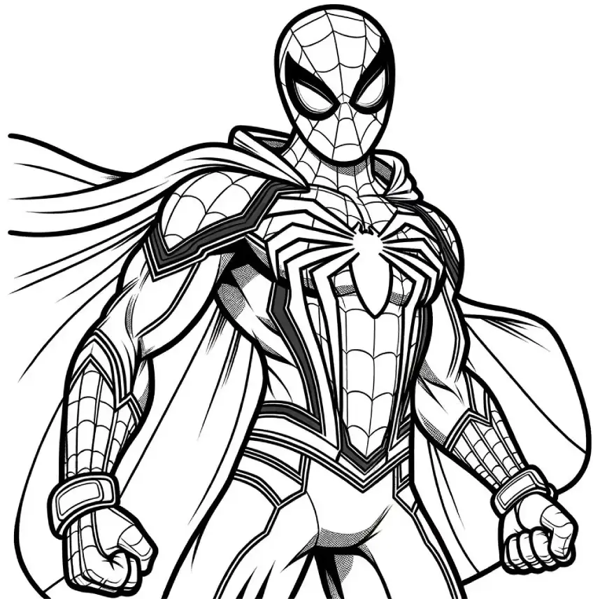 Desenho do Homem-Aranha com capa esvoaçante, máscara de teia e símbolo de aranha para colorir e imprimir.