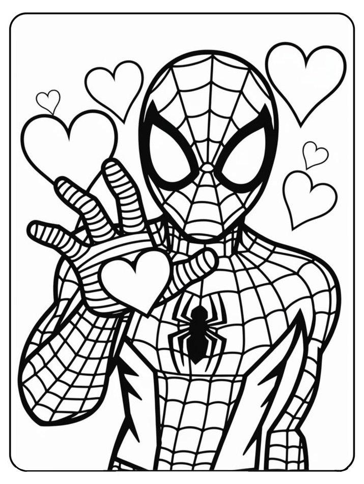 Desenho do Homem-Aranha com corações flutuando, expressando amor e amizade, pronto para imprimir e colorir.