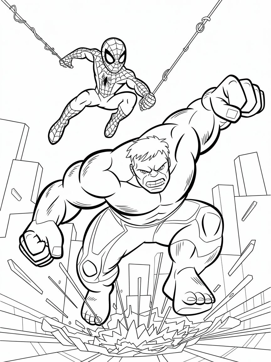 Ilustração em preto e branco do Homem-Aranha saltando com teias enquanto o Hulk aterrissa com força no centro da cidade, causando rachaduras no chão.