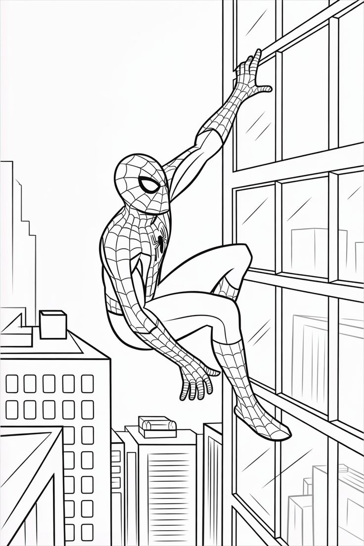 Desenho para colorir do Homem-Aranha em traje clássico escalando a parede de um prédio alto em Nova York.