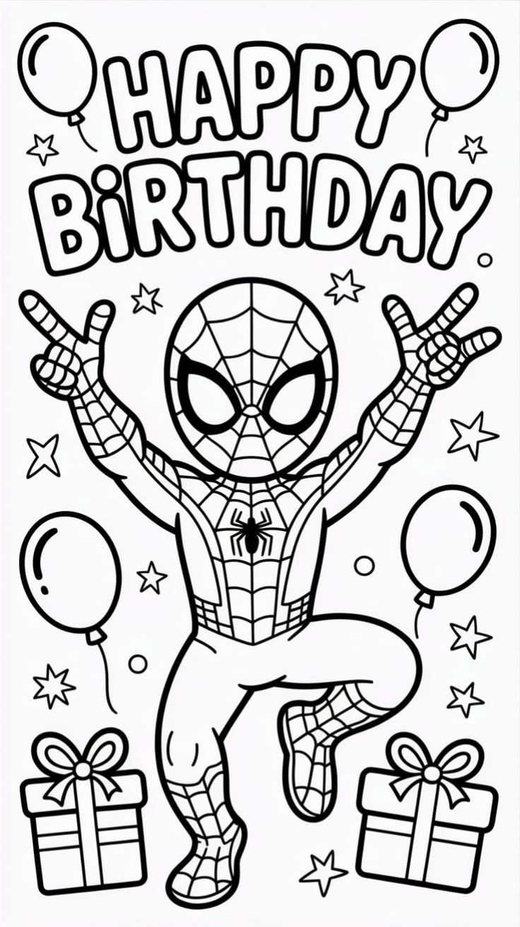 Desenho para colorir do Homem-Aranha fazendo gesto de vitória cercado por balões e presentes de aniversário com a frase Happy Birthday.