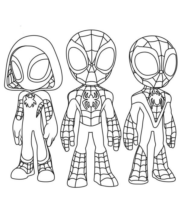 Desenho do Homem-Aranha, Gwen e Miles Morales em estilo cartoon com traços simples para colorir e imprimir.