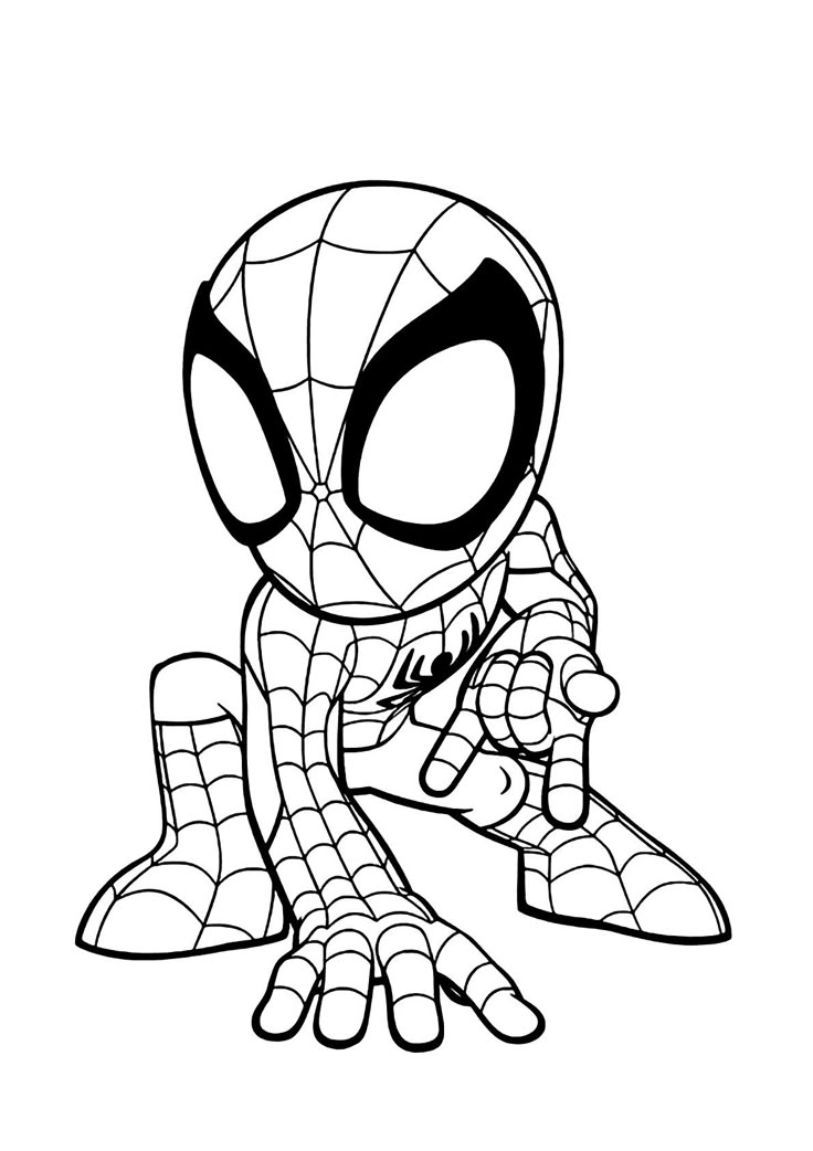 Desenho do Homem Aranha, o herói da vizinha, em versão chibi mais fofa que você verá, pronto para colorir e imprimir.