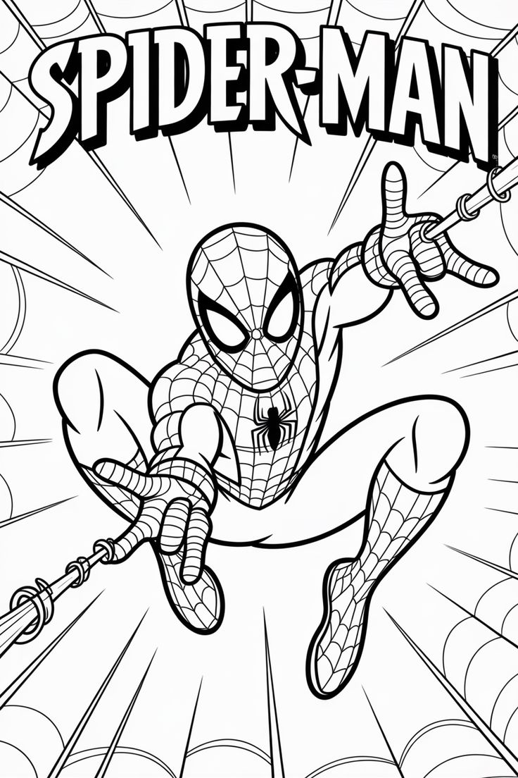 Desenho para colorir do Homem-Aranha em posição de ataque, lançando teias com as duas mãos, usando seu traje clássico de teias desenhadas e o logo da aranha no peito.