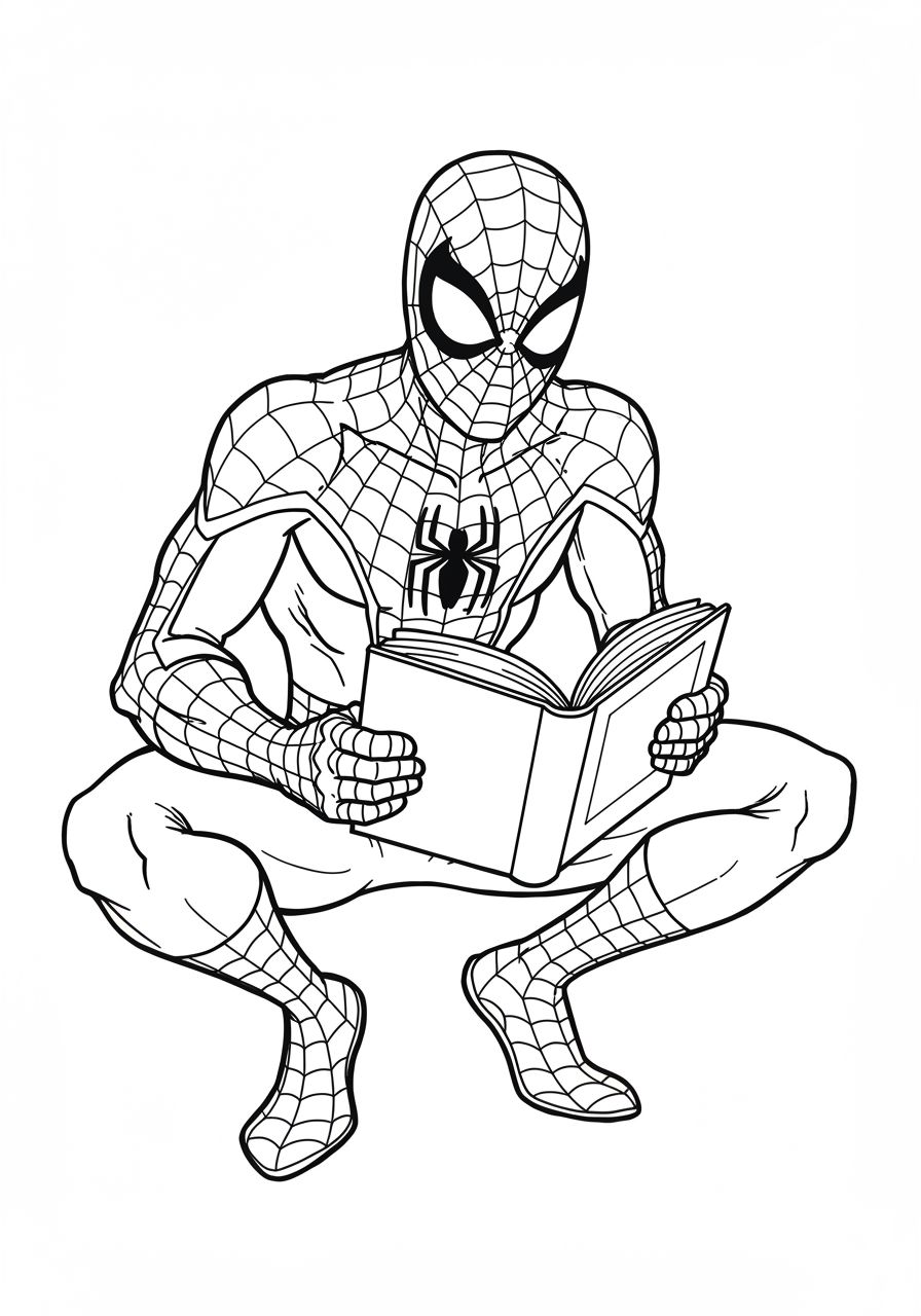 Ilustração em preto e branco do Homem-Aranha agachado e concentrado na leitura de um livro.