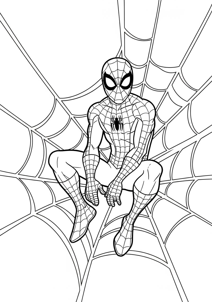 Desenho para colorir do Homem-Aranha sentado no centro de uma grande teia de aranha, vestindo seu traje clássico.