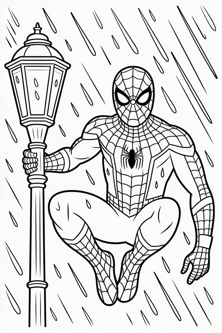 Desenho para colorir do Homem-Aranha pendurado em um poste de iluminação antigo durante uma chuva forte, com seu uniforme clássico de teias.