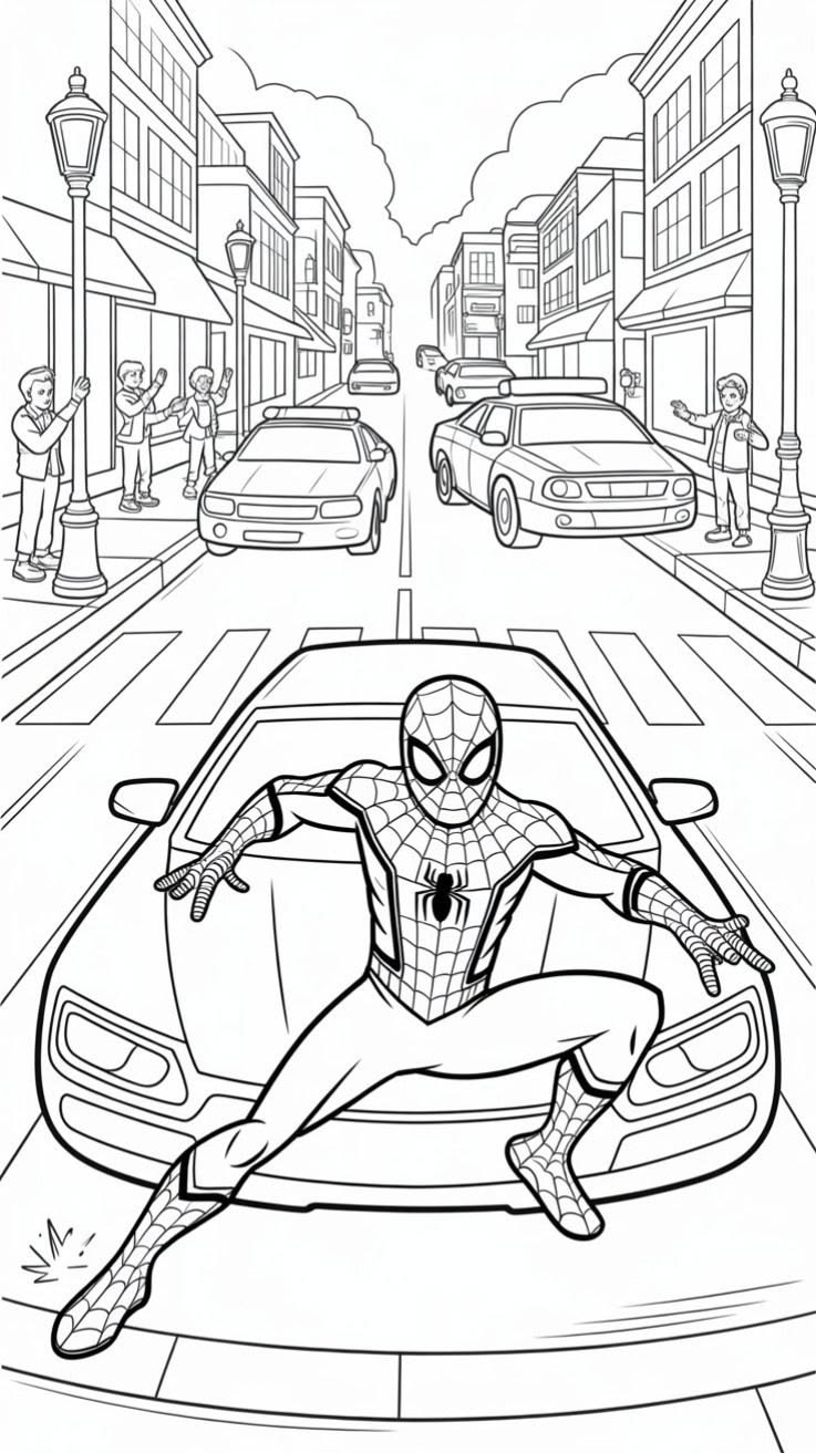 Homem-Aranha agachado em cima de um carro no meio de uma avenida movimentada com prédios e policiais ao fundo.