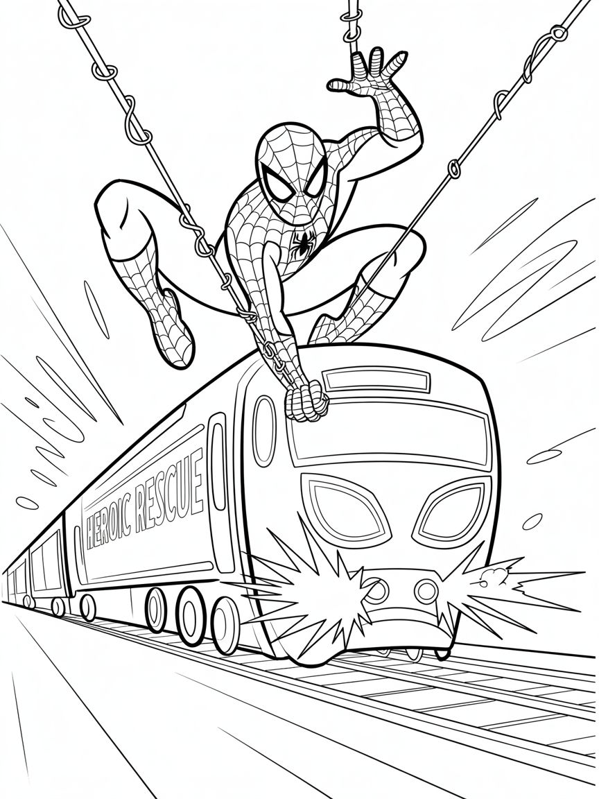 O Homem-Aranha agachado em cima de um trem em alta velocidade, segurando teias, pronto para uma missão de resgate.