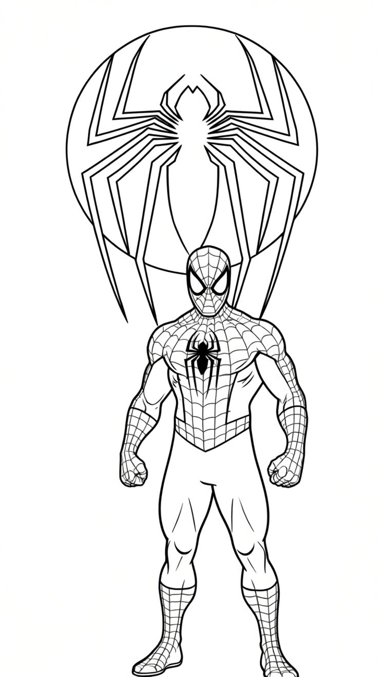 Desenho para colorir do Homem-Aranha em pose clássica com um símbolo de aranha gigante ao fundo.