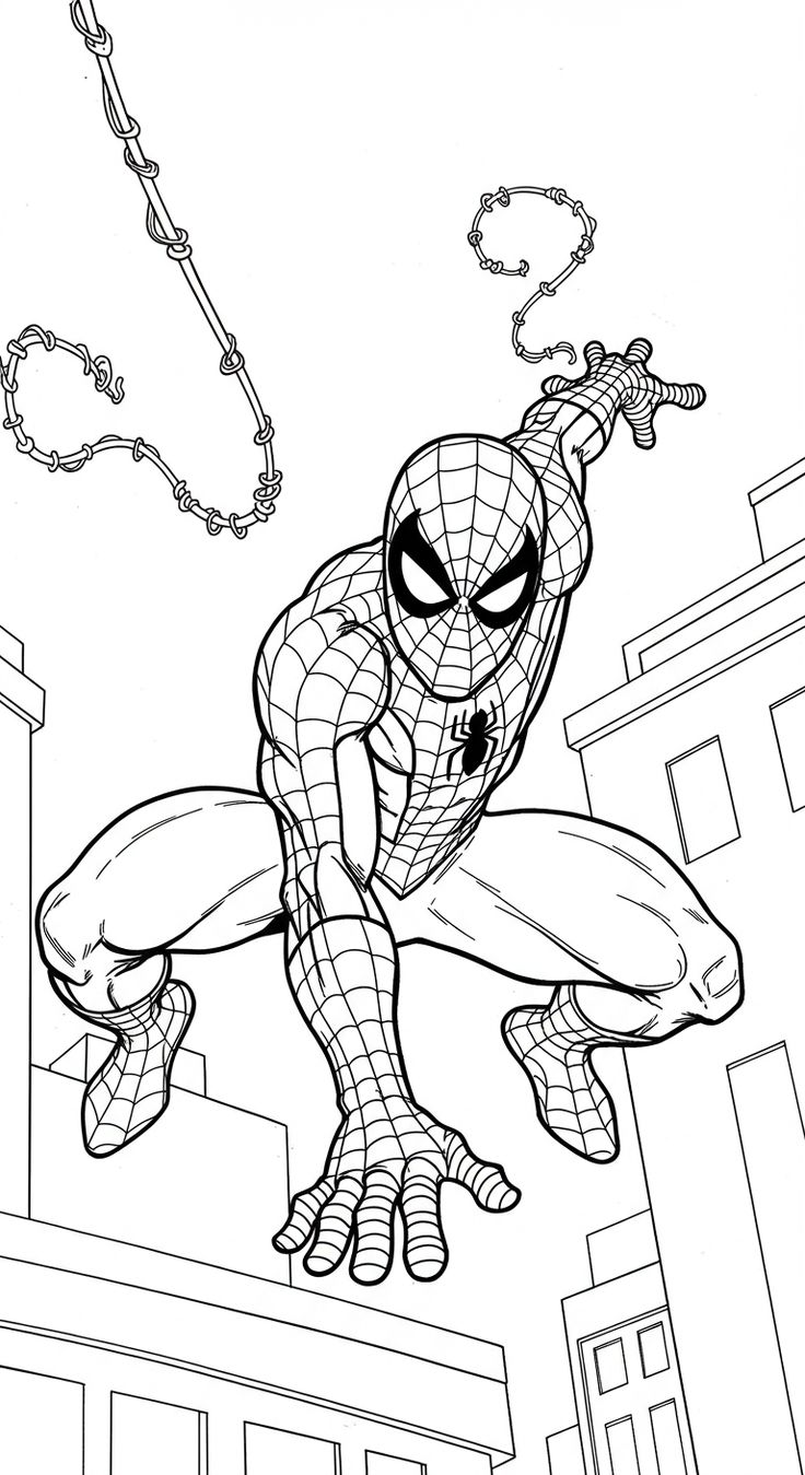 Desenho do Homem-Aranha em pose de ação, saltando entre prédios de Nova York com sua teia lançada