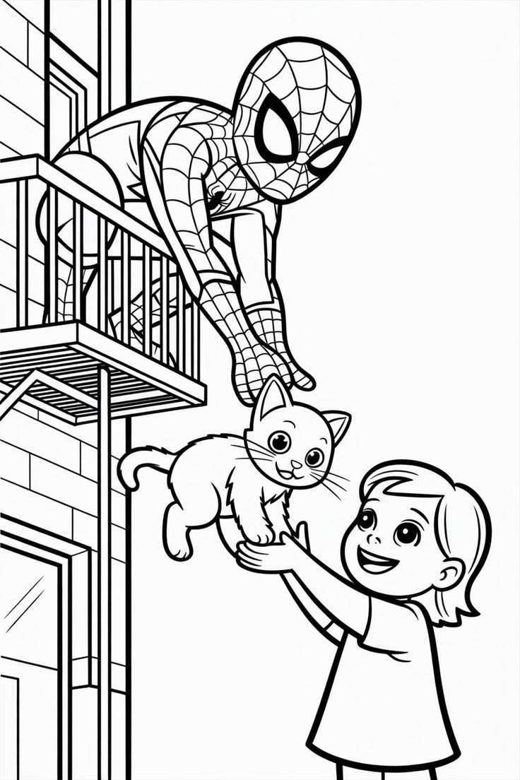 O Homem-Aranha está pendurado em uma varanda entregando um gatinho fofo para uma criança feliz.