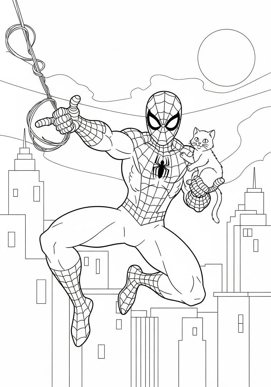 Homem-Aranha em pose de herói saltando entre prédios enquanto segura um gatinho nos braços, estilo arte em linhas pretas.