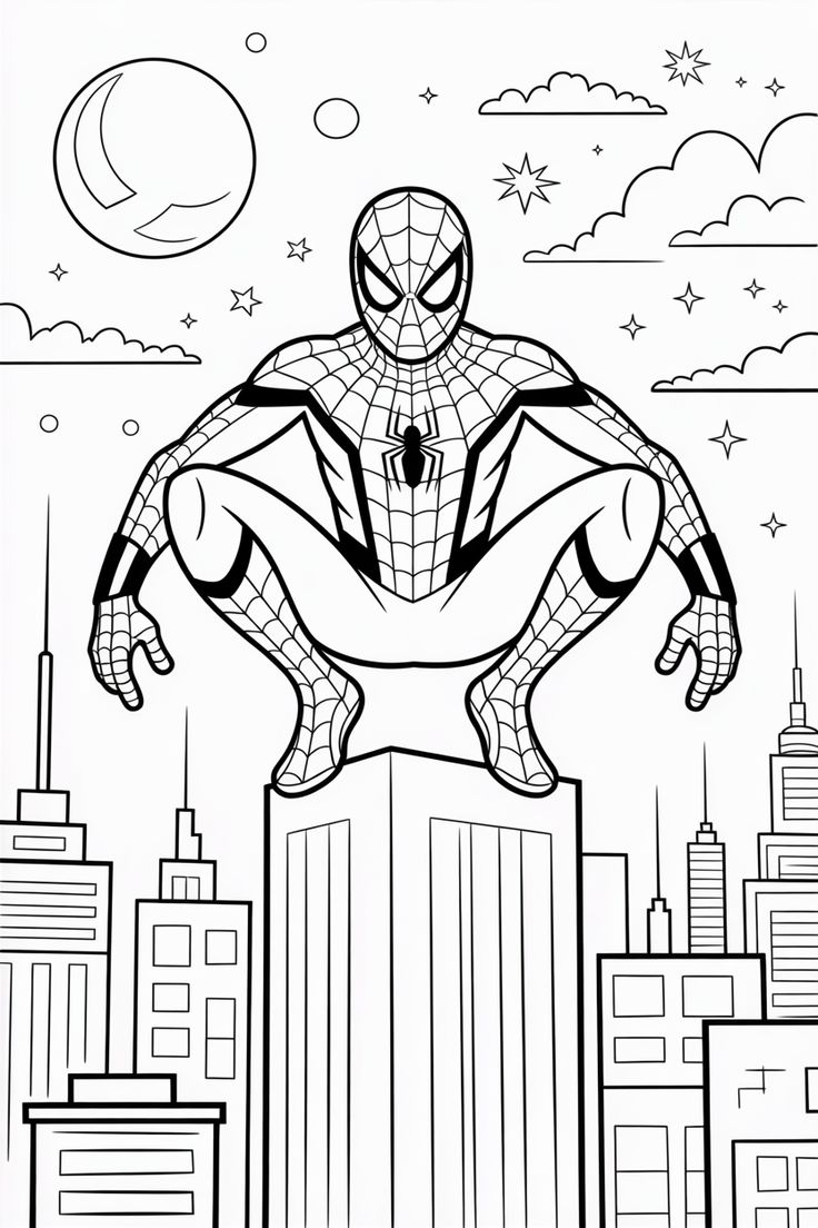 Ilustração em preto e branco do Homem-Aranha agachado no topo de um prédio alto com uma cidade e lua ao fundo, pronta para ser colorida.