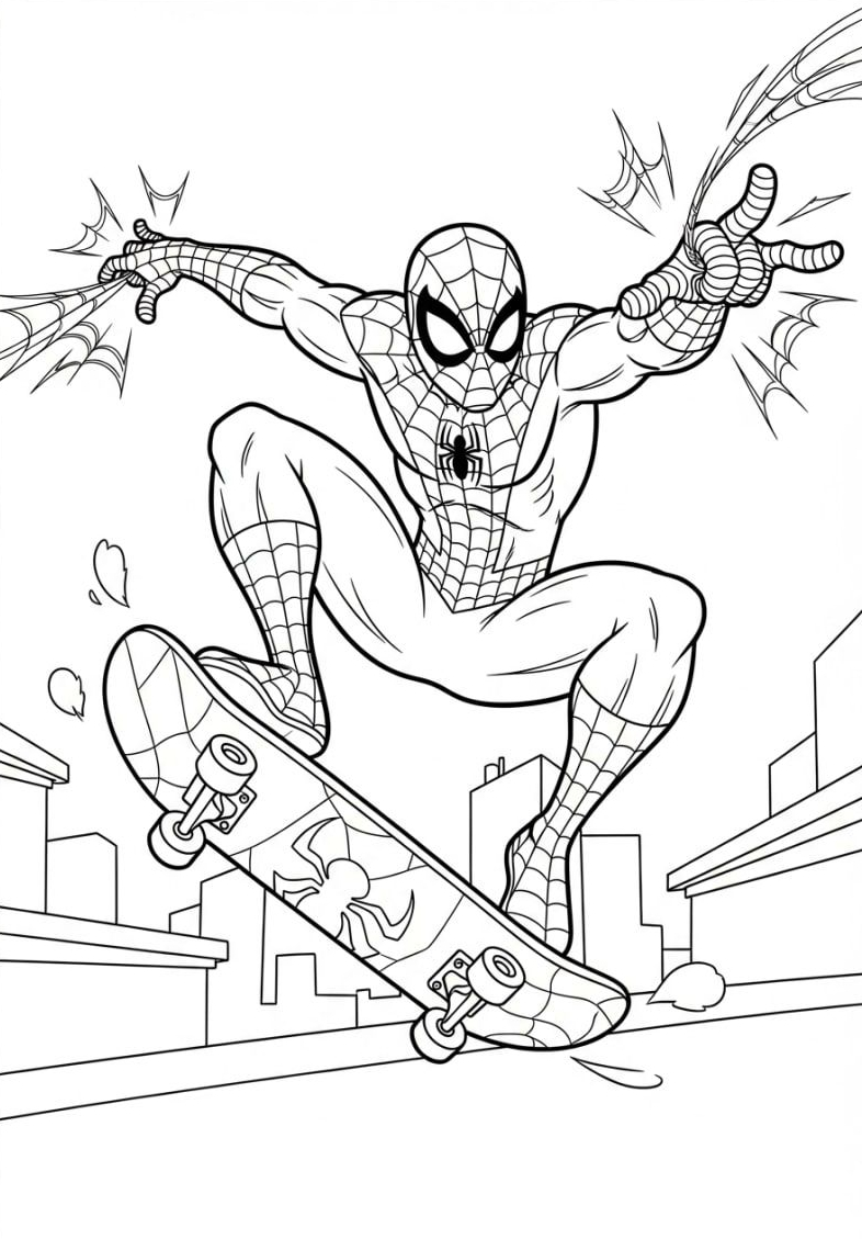 O Homem-Aranha equilibrado em um skate enquanto lança teias em uma cena urbana com prédios ao fundo.