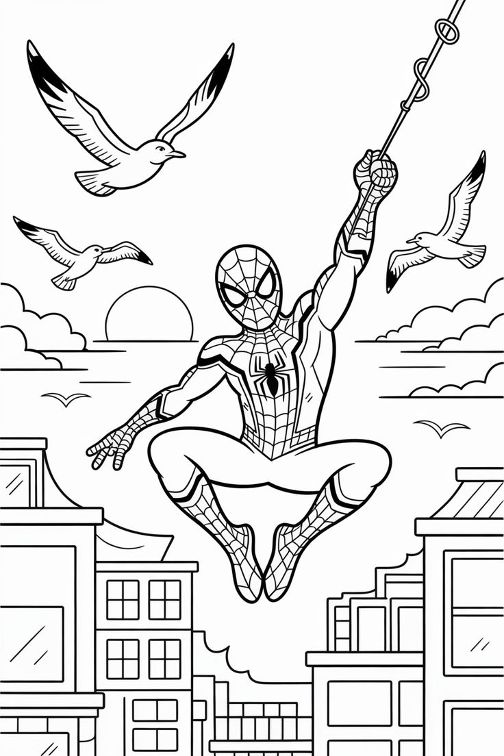 Desenho do Homem-Aranha pendurado em uma teia sobre uma cidade com gaivotas voando ao fundo durante o pôr do sol.
