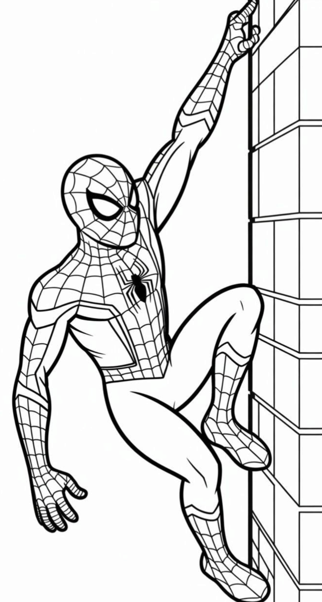 Homem-Aranha em traje completo escalando a lateral de um prédio, desenhado em estilo arte de linha para colorir.