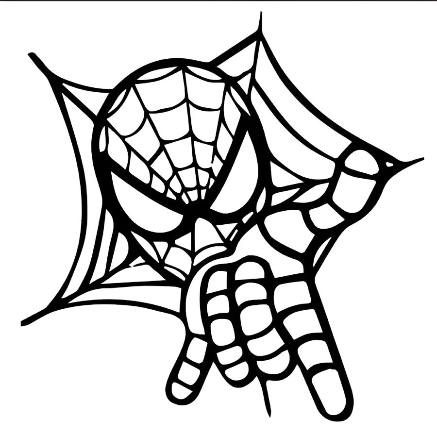 Desenho do Homem-Aranha estilizado em teia com a mão fazendo sinal de rock para colorir e imprimir.