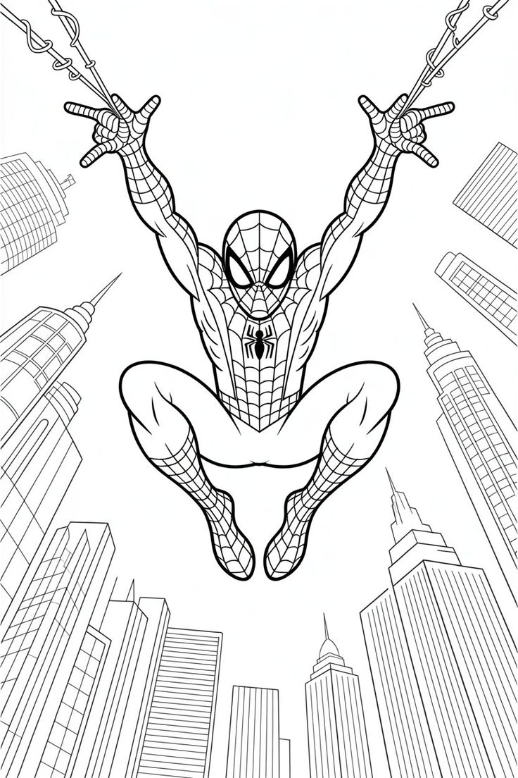 Ilustração do Homem-Aranha no ar lançando teias com arranha-céus de Nova York ao fundo, pronto para ser colorido.