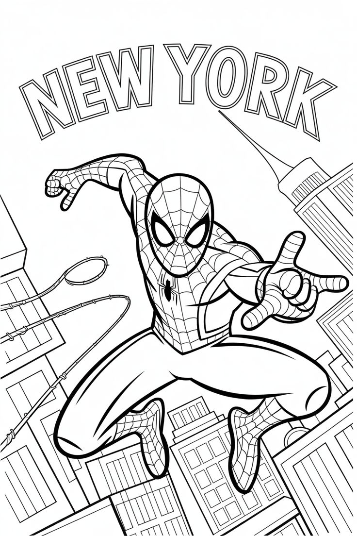 O Homem-Aranha em posição de salto, lançando teias entre os prédios de Nova York com o texto NEW YORK ao fundo, pronto para ser colorido.