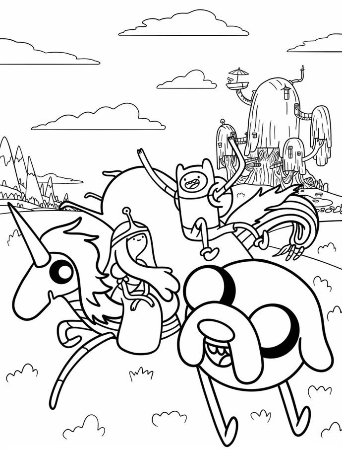 Desenho de Finn, Jake, Princesa Jujuba e Lady Íris da Hora de Aventura, saindo em uma missão épica com a casa da Árvore ao fundo, para imprimir e colorir.