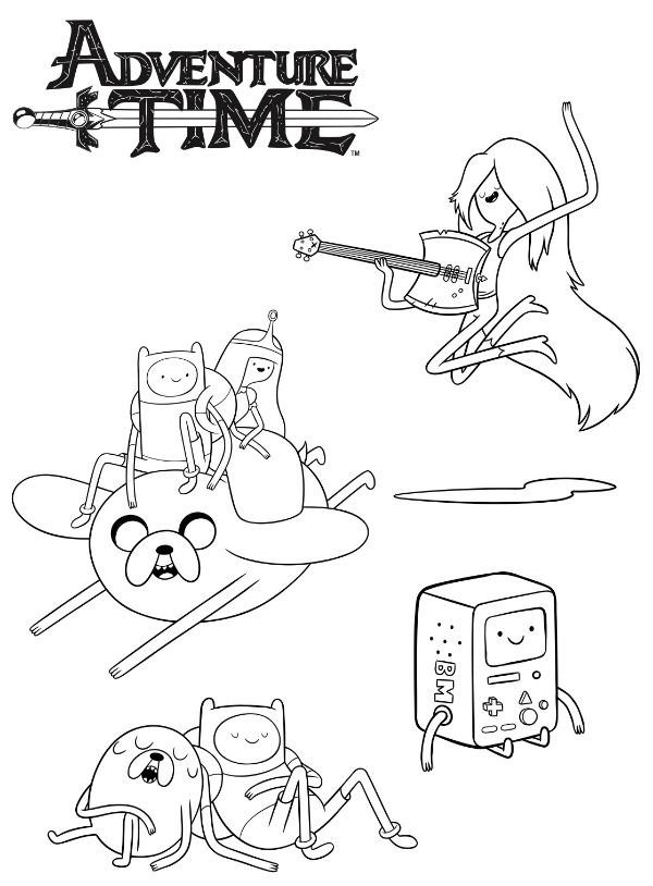 Desenho dos personagens Finn, Jake, Princesa Jujuba, Marceline e BMO da série Hora de Aventura para imprimir e colorir.