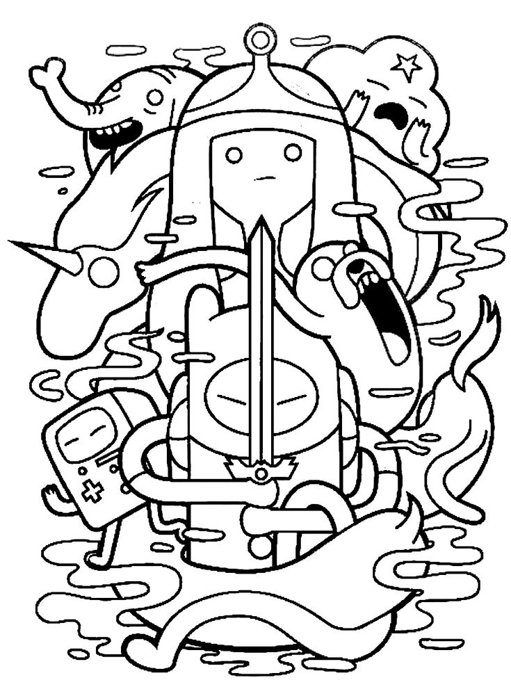 Desenho de Hora de Aventura com um personagem de capacete segurando uma espada, acompanhado de Jake, Princesa Jujuba, Rei Gelado, BMO e Princesa Jujuba e Dona Tromba para colorir.
