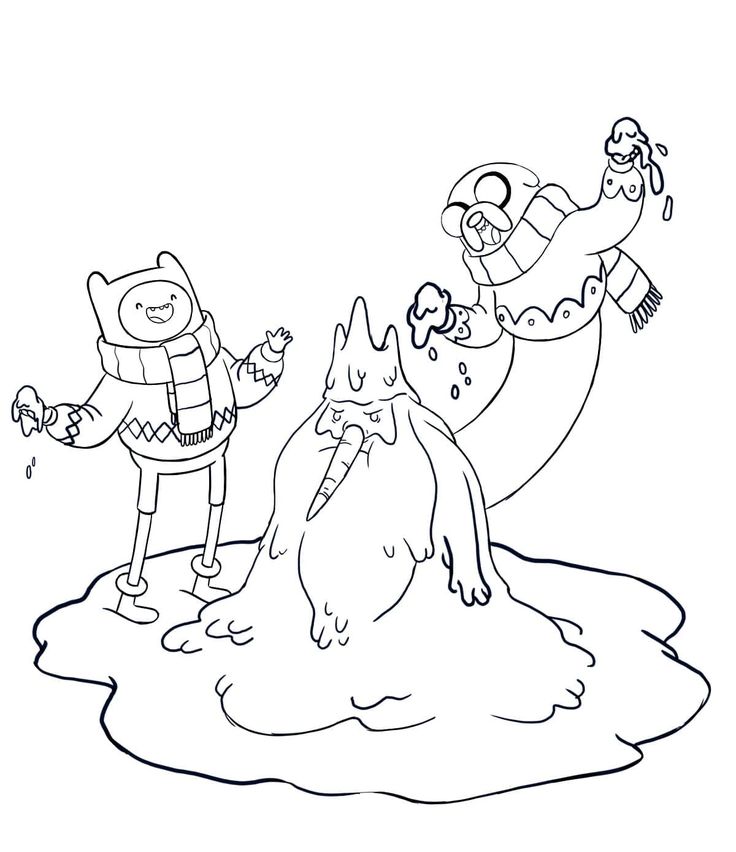 Desenho de Hora de Aventura com Finn e Jake brincando na neve, e o rei gelado derretendo, para colorir e imprimir.