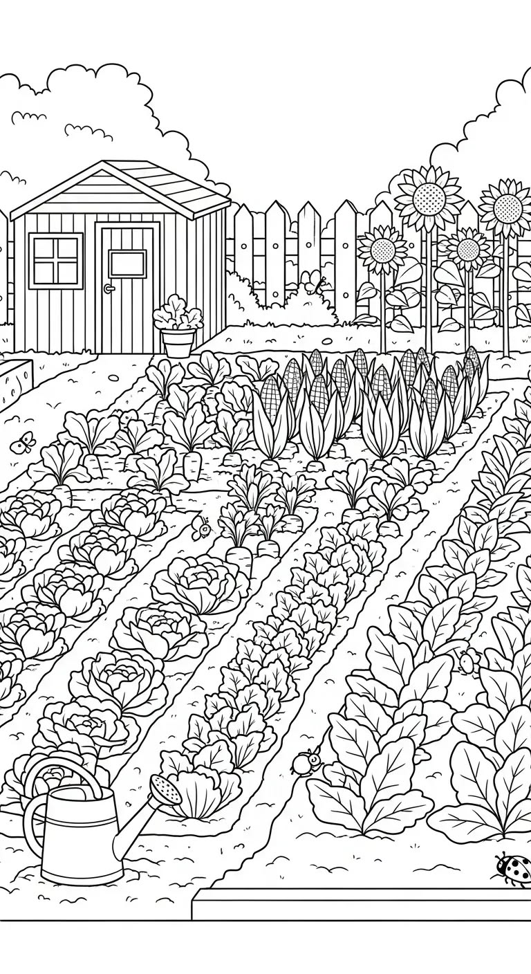 Desenho de uma horta com canteiros de alfaces, milhos e girassóis, com um pequeno galpão ao fundo e um regador em primeiro plano.