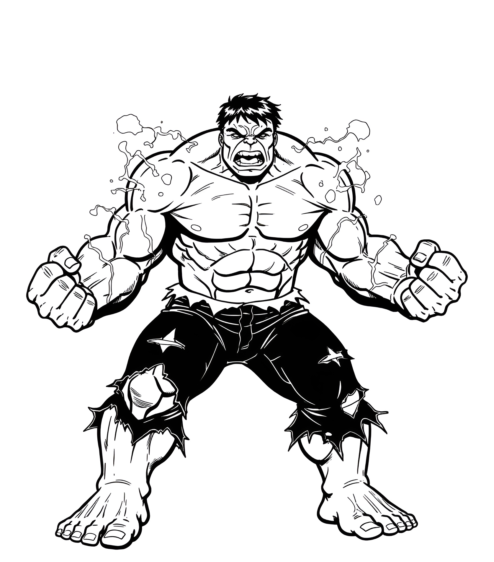 Ilustração em preto e branco do Hulk, o super-herói da Marvel, em pose de força com punhos cerrados e calças rasgadas.