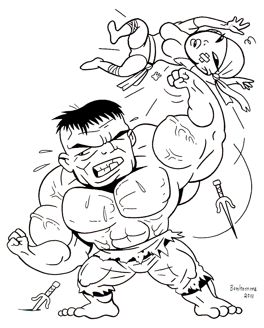 Desenho do Hulk esmagando Elektra em uma cena de luta de super-heróis para imprimir e colorir.