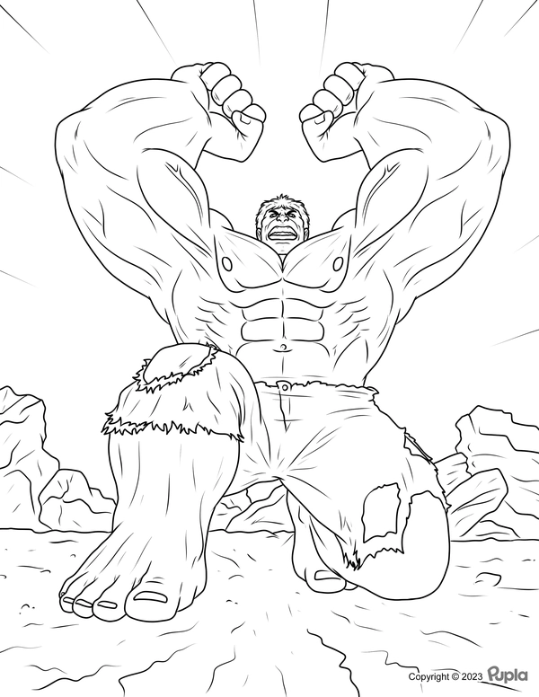 Desenho detalhado do Hulk fazendo HULK ESMAGA com testa franzida e calças rasgadas, em fundo com rochas e raios de energia, para colorir e imprimir.