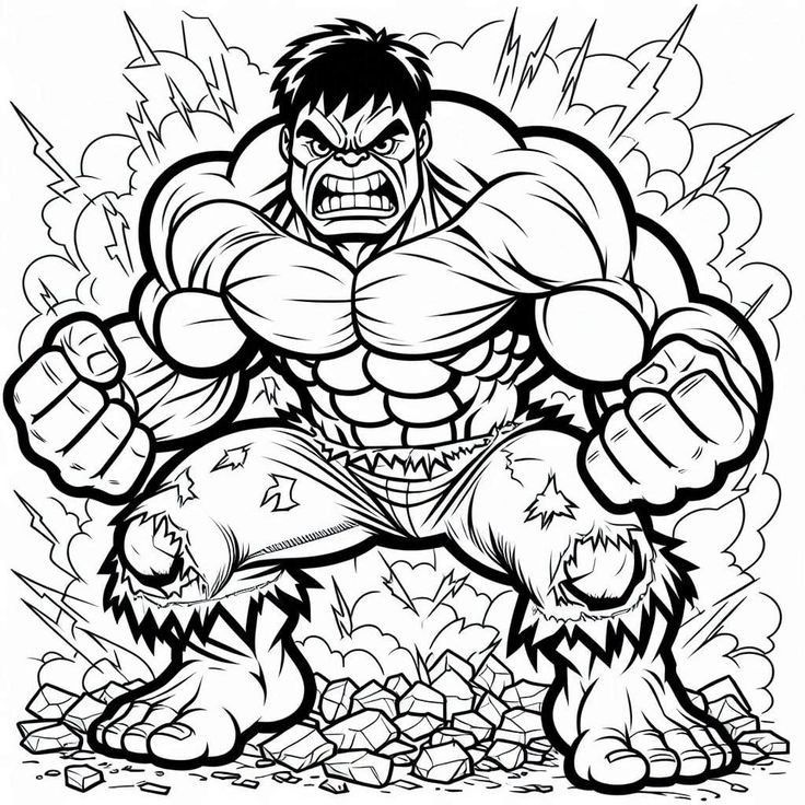 Desenho para colorir do Hulk enfurecido com punhos cerrados e escombros ao redor.