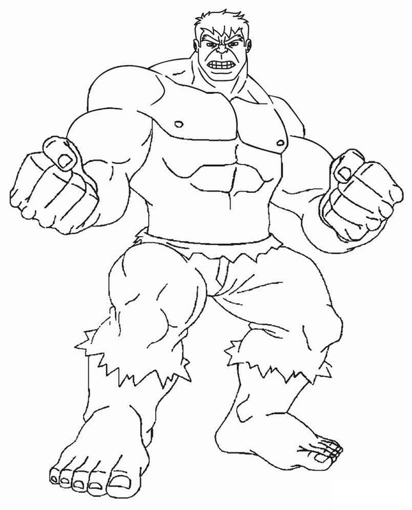 Imagem do Hulk musculoso com expressão de raiva para colorir. Desenho em estilo cartoon, perfeito para atividades de colorir e imprimir.
