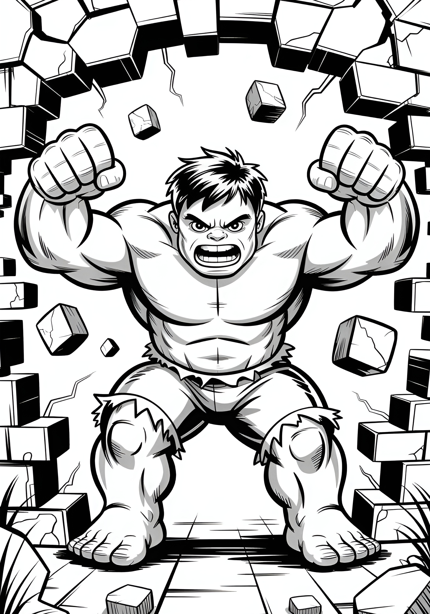 O personagem Hulk, com traços fortes e estilo de quadrinhos, atravessando uma parede de tijolos enquanto mostra seus músculos.