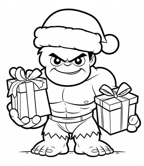 Desenho do Hulk com gorro de Papai Noel segurando presentes para imprimir e colorir.