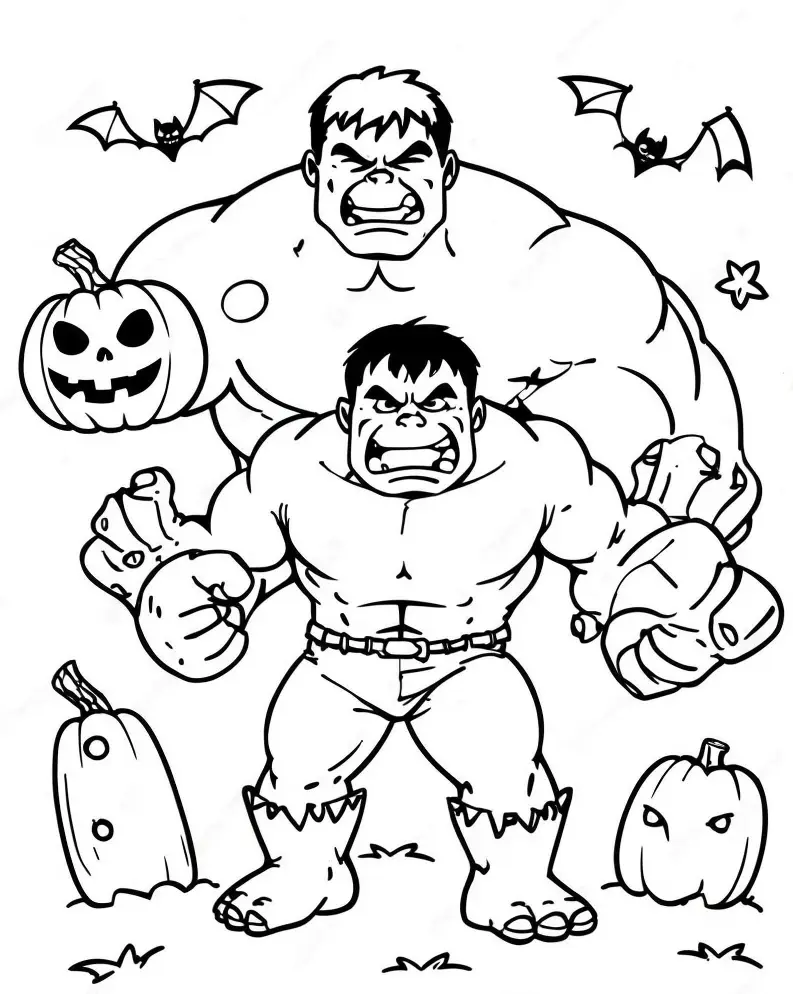 Desenho do Hulk no Halloween com abóboras, morcegos e estilo cartoon para imprimir e colorir.