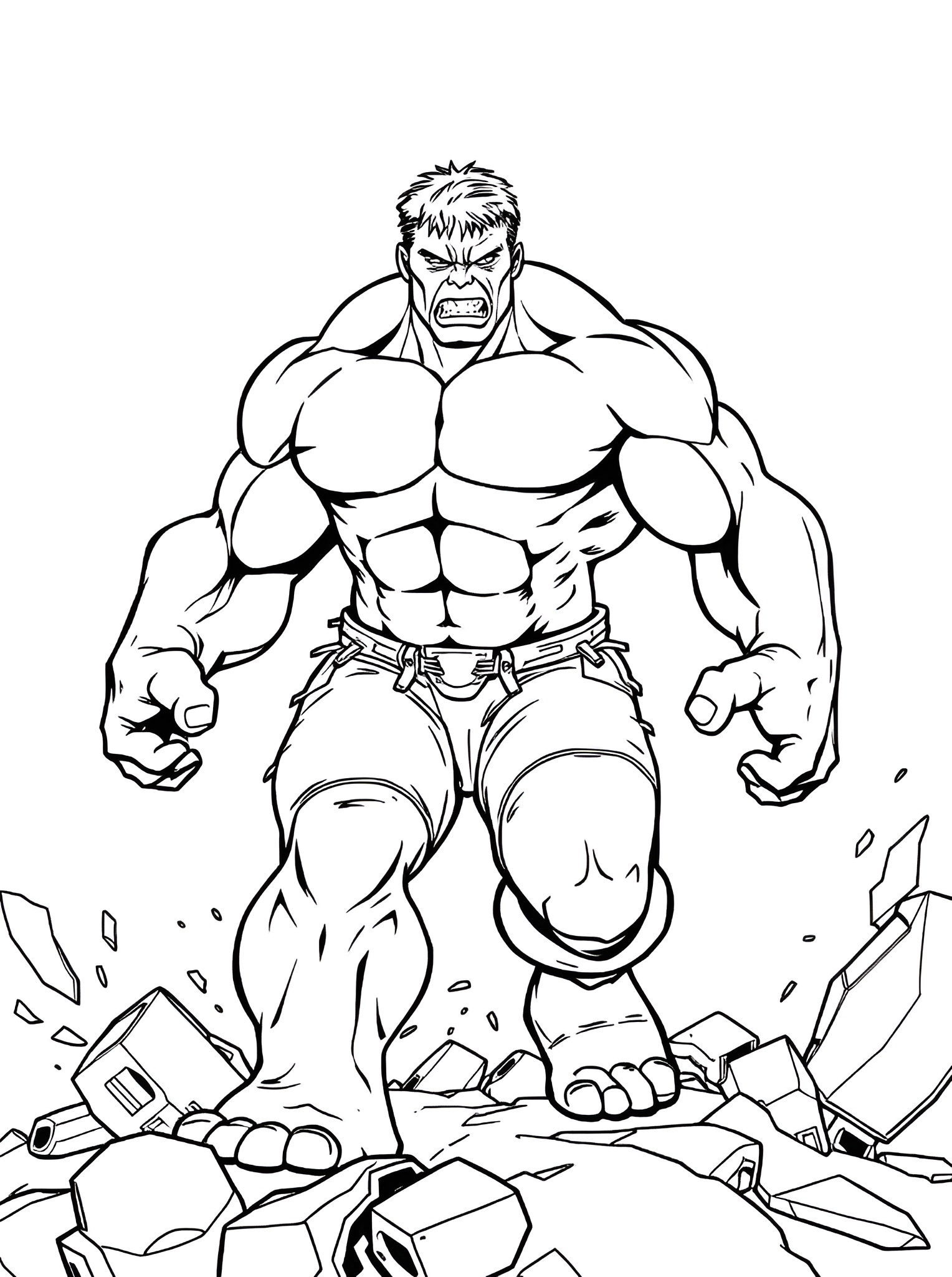Ilustração em preto e branco do Hulk, musculoso e bravo, pisando sobre escombros de concreto com um visual clássico dos quadrinhos.